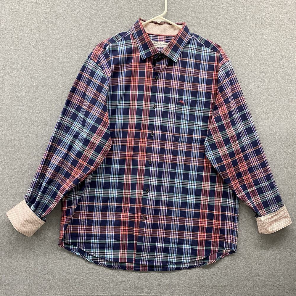 Tommy Bahama Sarasota Stretch Plaid Button Front Shirt Mens L Blue Pink Coolmax